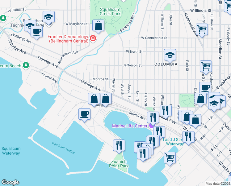 map of restaurants, bars, coffee shops, grocery stores, and more near 2318 Eldridge Avenue in Bellingham