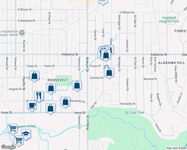 map of restaurants, bars, coffee shops, grocery stores, and more near 2300 Woburn Street in Bellingham