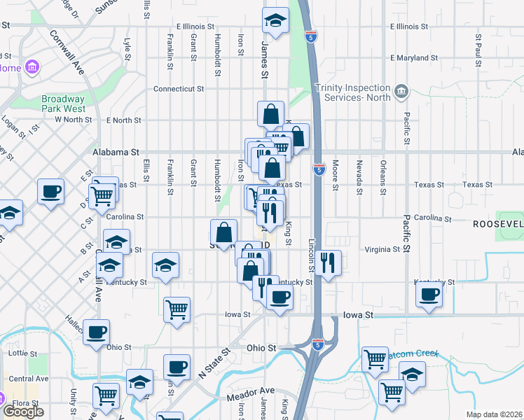 map of restaurants, bars, coffee shops, grocery stores, and more near 2300 James Street in Bellingham