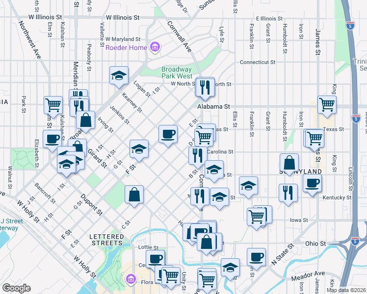 map of restaurants, bars, coffee shops, grocery stores, and more near 2406 D Street in Bellingham