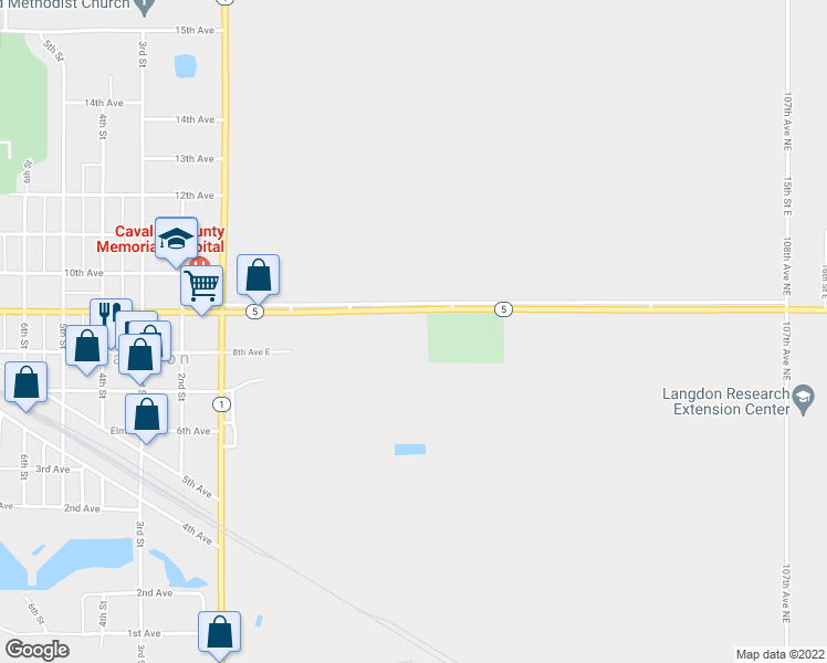 map of restaurants, bars, coffee shops, grocery stores, and more near 510 9th Avenue East in Langdon