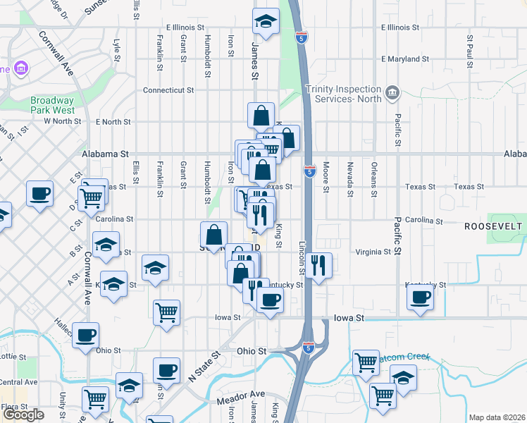 map of restaurants, bars, coffee shops, grocery stores, and more near 2300 James Street in Bellingham