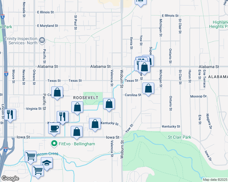map of restaurants, bars, coffee shops, grocery stores, and more near 2244 Valencia Street in Bellingham