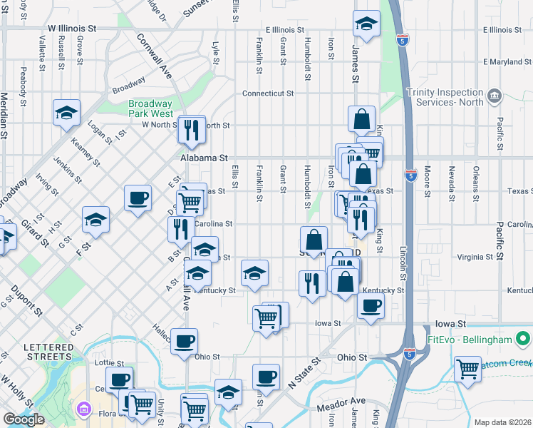 map of restaurants, bars, coffee shops, grocery stores, and more near 401 Carolina Street in Bellingham