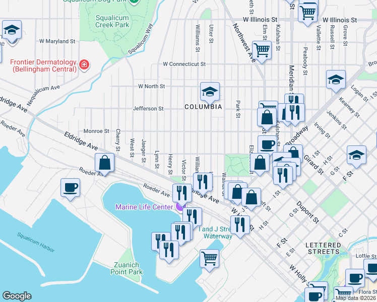 map of restaurants, bars, coffee shops, grocery stores, and more near 2231 Williams Street in Bellingham