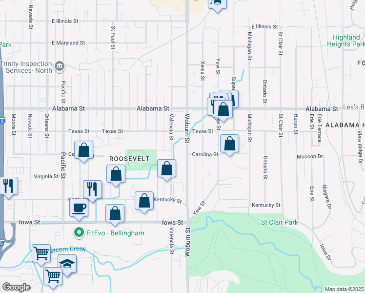 map of restaurants, bars, coffee shops, grocery stores, and more near 2311 Woburn Street in Bellingham