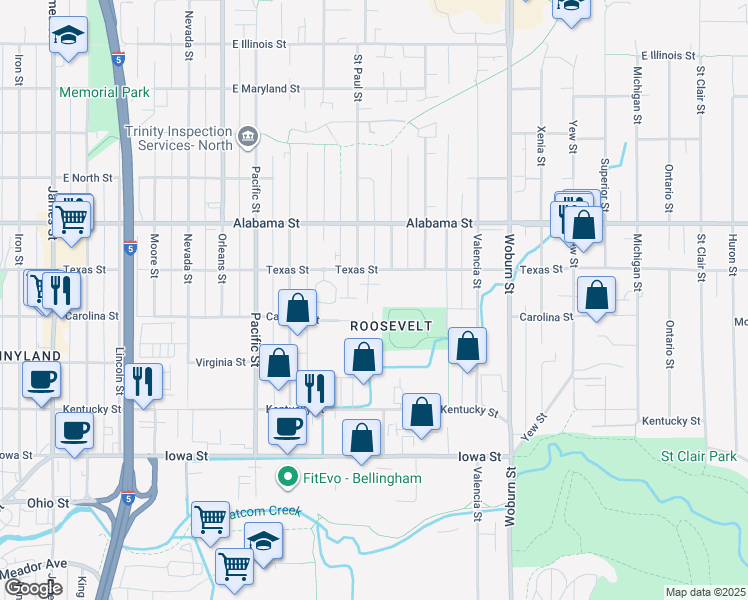 map of restaurants, bars, coffee shops, grocery stores, and more near 1713 Carolina Street in Bellingham