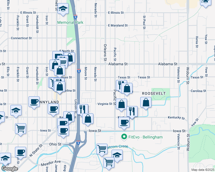 map of restaurants, bars, coffee shops, grocery stores, and more near 1307 Carolina Street in Bellingham