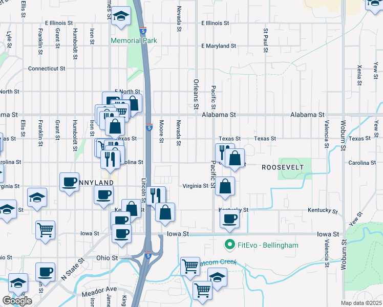 map of restaurants, bars, coffee shops, grocery stores, and more near 1207 Carolina Street in Bellingham