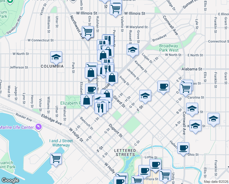 map of restaurants, bars, coffee shops, grocery stores, and more near 1910 J Street in Bellingham