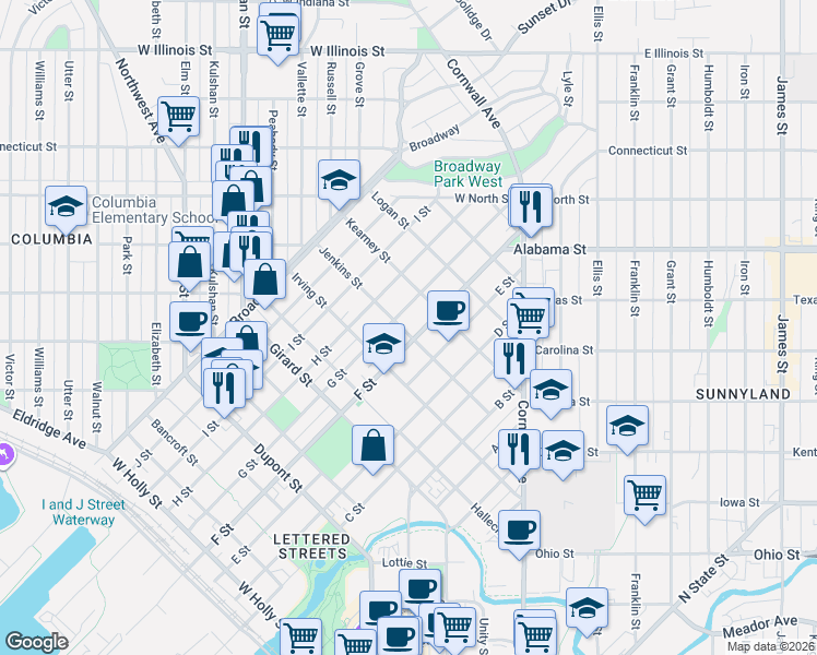 map of restaurants, bars, coffee shops, grocery stores, and more near 2222 F Street in Bellingham