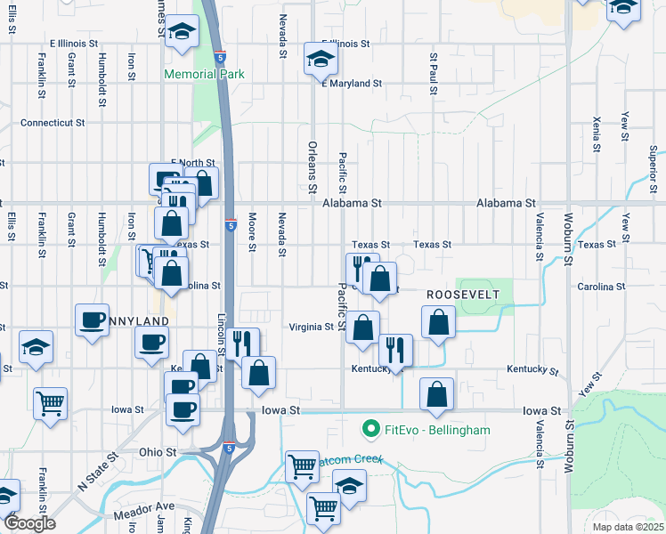 map of restaurants, bars, coffee shops, grocery stores, and more near 1307 Carolina Street in Bellingham