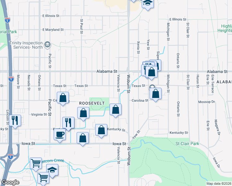map of restaurants, bars, coffee shops, grocery stores, and more near 2244 Valencia Street in Bellingham