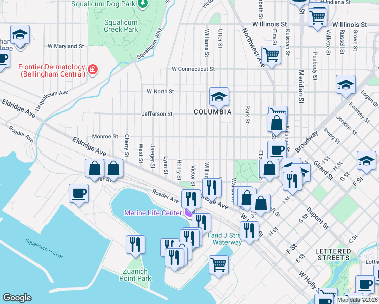 map of restaurants, bars, coffee shops, grocery stores, and more near 2230 Henry Street in Bellingham