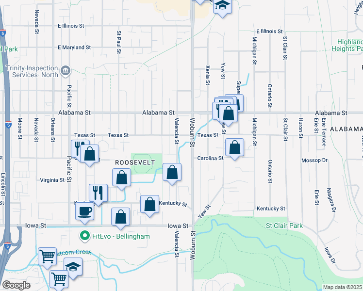 map of restaurants, bars, coffee shops, grocery stores, and more near 2244 Valencia Street in Bellingham
