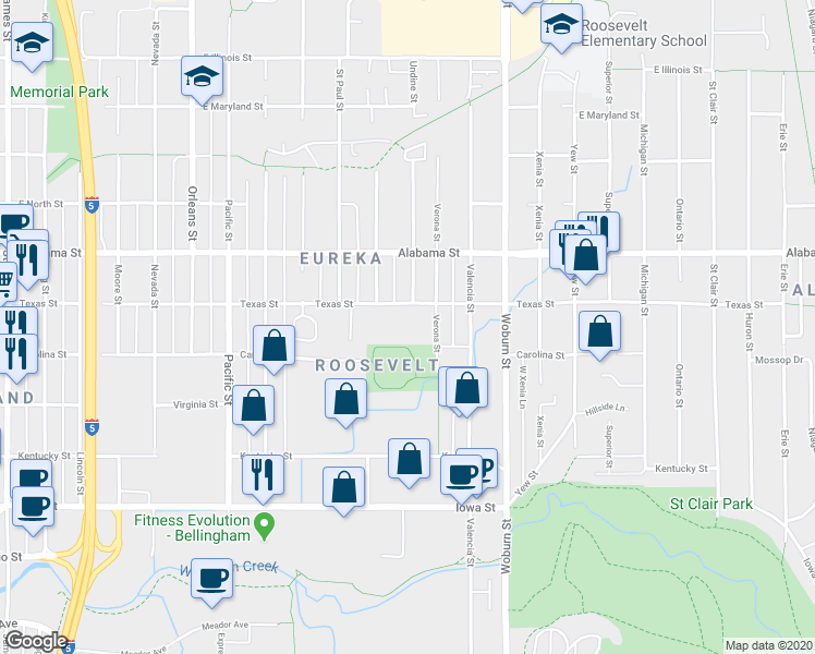 map of restaurants, bars, coffee shops, grocery stores, and more near 1814 Texas Street in Bellingham