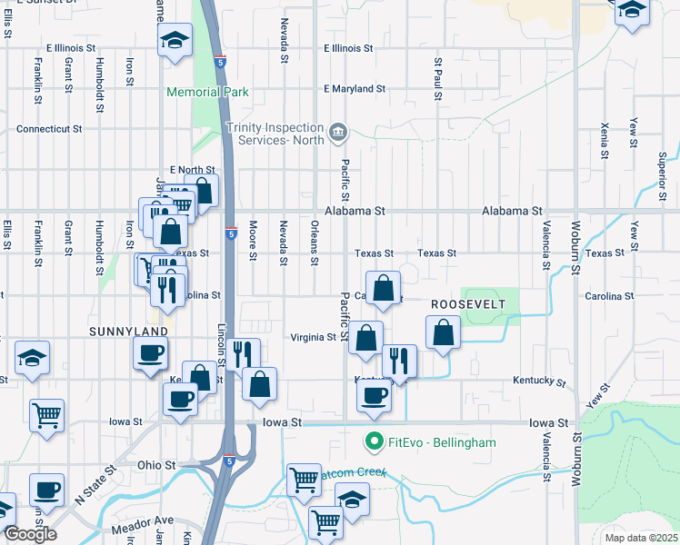 map of restaurants, bars, coffee shops, grocery stores, and more near 1307 Carolina Street in Bellingham