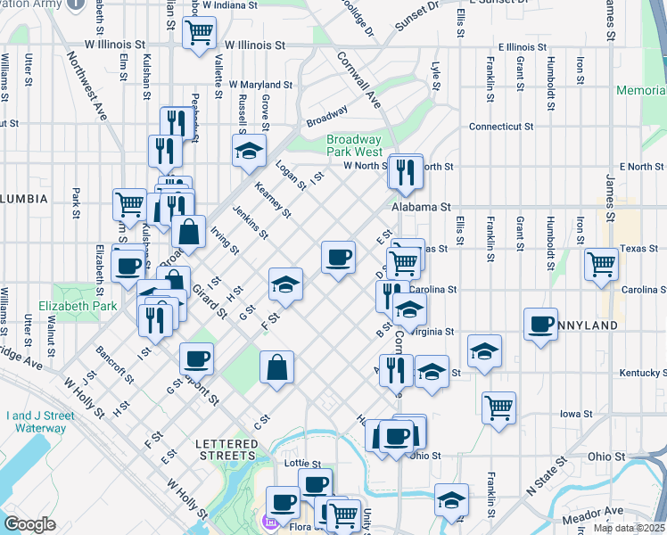 map of restaurants, bars, coffee shops, grocery stores, and more near 2314 E Street in Bellingham
