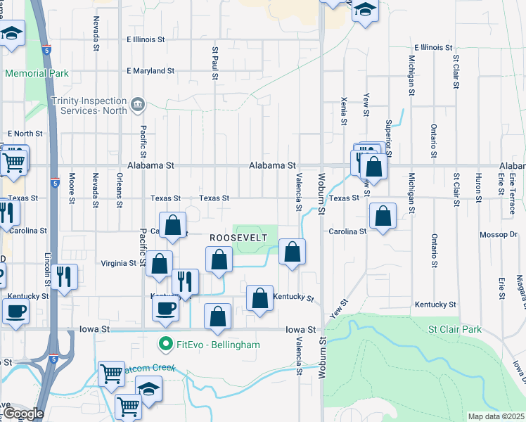 map of restaurants, bars, coffee shops, grocery stores, and more near 1810 Texas Street in Bellingham