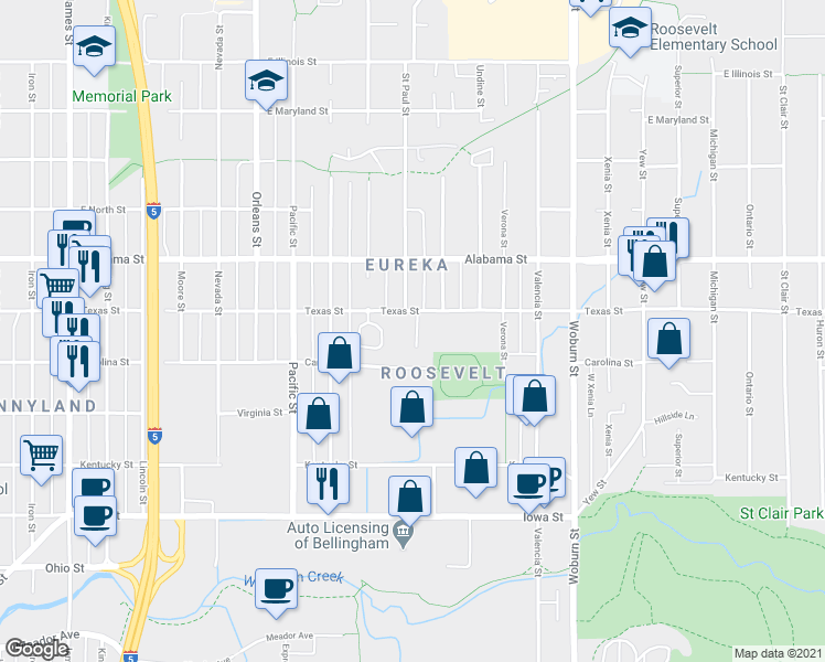 map of restaurants, bars, coffee shops, grocery stores, and more near 1713 Carolina Street in Bellingham