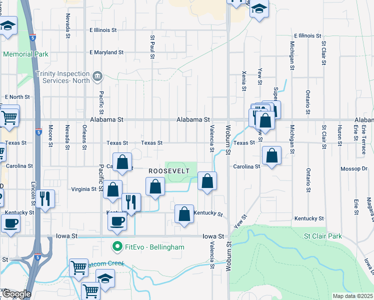 map of restaurants, bars, coffee shops, grocery stores, and more near 1815 Texas Street in Bellingham