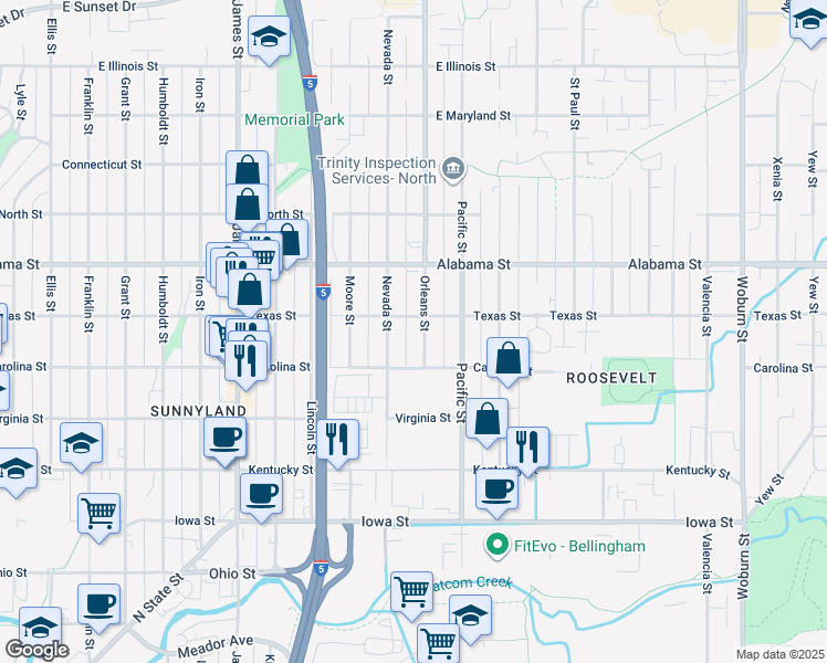 map of restaurants, bars, coffee shops, grocery stores, and more near 2404 Nevada Street in Bellingham