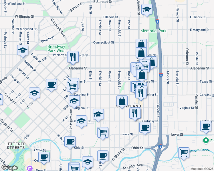 map of restaurants, bars, coffee shops, grocery stores, and more near 2400 Grant Street in Bellingham
