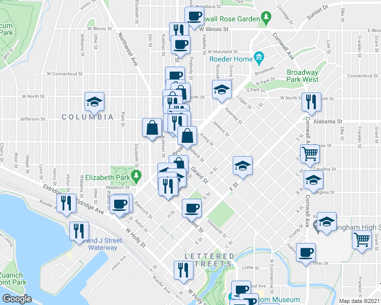 map of restaurants, bars, coffee shops, grocery stores, and more near 2400 Meridian Street in Bellingham