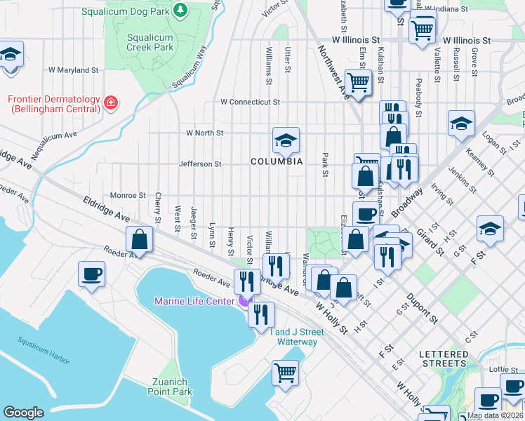 map of restaurants, bars, coffee shops, grocery stores, and more near 1800 Monroe Street in Bellingham