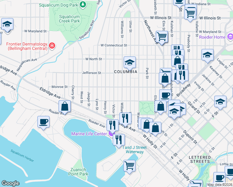 map of restaurants, bars, coffee shops, grocery stores, and more near 1800 Monroe Street in Bellingham