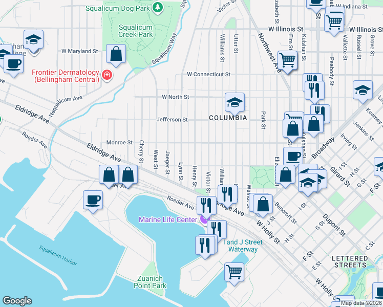 map of restaurants, bars, coffee shops, grocery stores, and more near 1908 Monroe Street in Bellingham