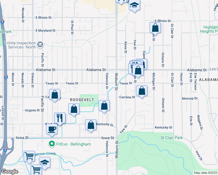 map of restaurants, bars, coffee shops, grocery stores, and more near 2324 Valencia Street in Bellingham