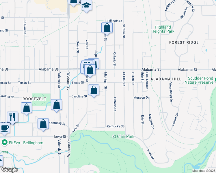 map of restaurants, bars, coffee shops, grocery stores, and more near 2609 Texas Street in Bellingham