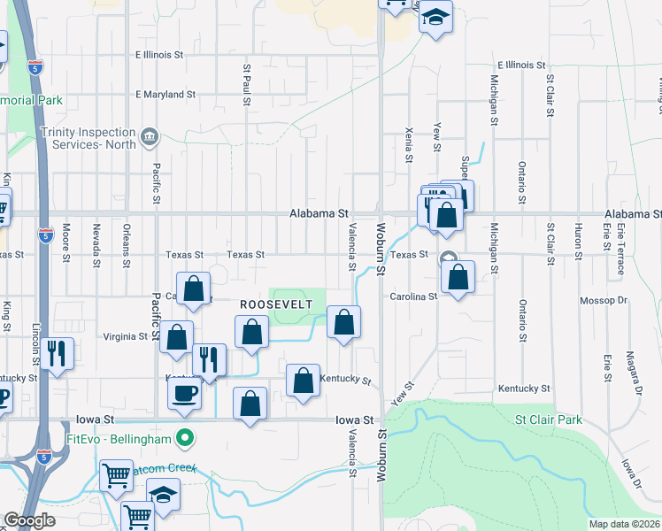 map of restaurants, bars, coffee shops, grocery stores, and more near 2401 Verona Street in Bellingham