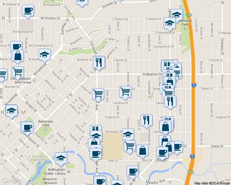 map of restaurants, bars, coffee shops, grocery stores, and more near in Bellingham