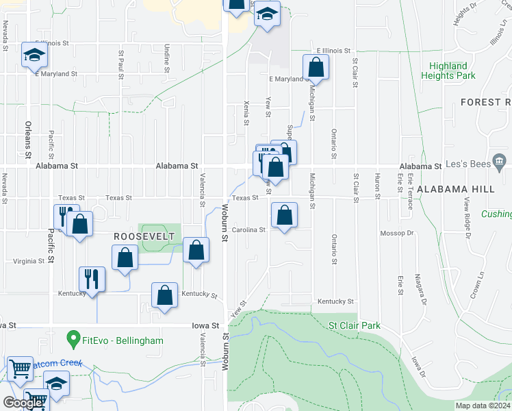 map of restaurants, bars, coffee shops, grocery stores, and more near 2410 Xenia Street in Bellingham
