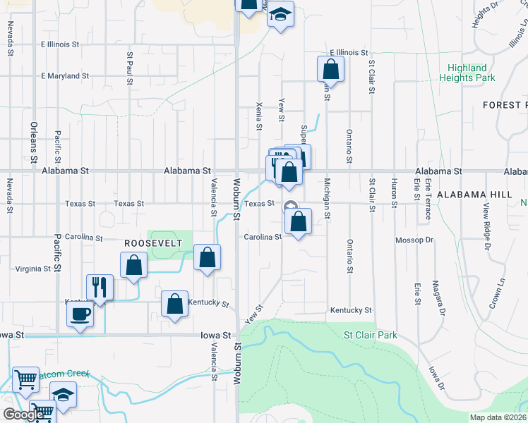 map of restaurants, bars, coffee shops, grocery stores, and more near 2410 Xenia Street in Bellingham