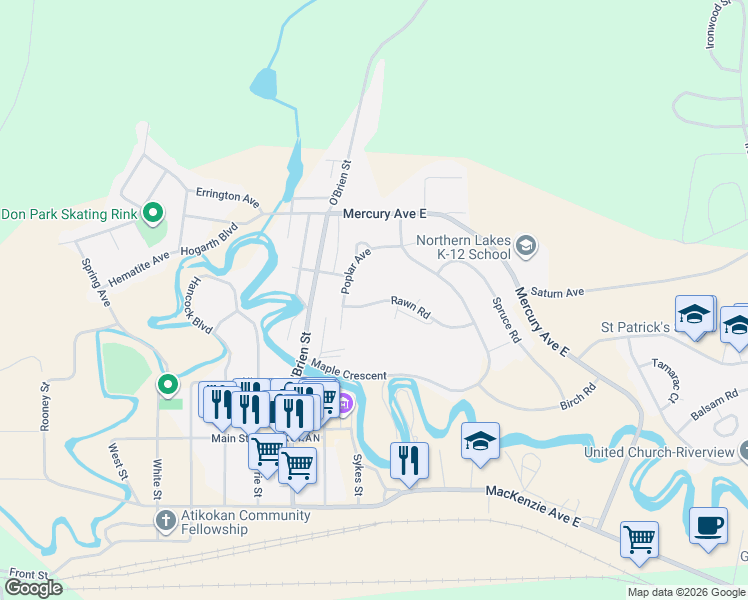 map of restaurants, bars, coffee shops, grocery stores, and more near 12 Rawn Road in Atikokan