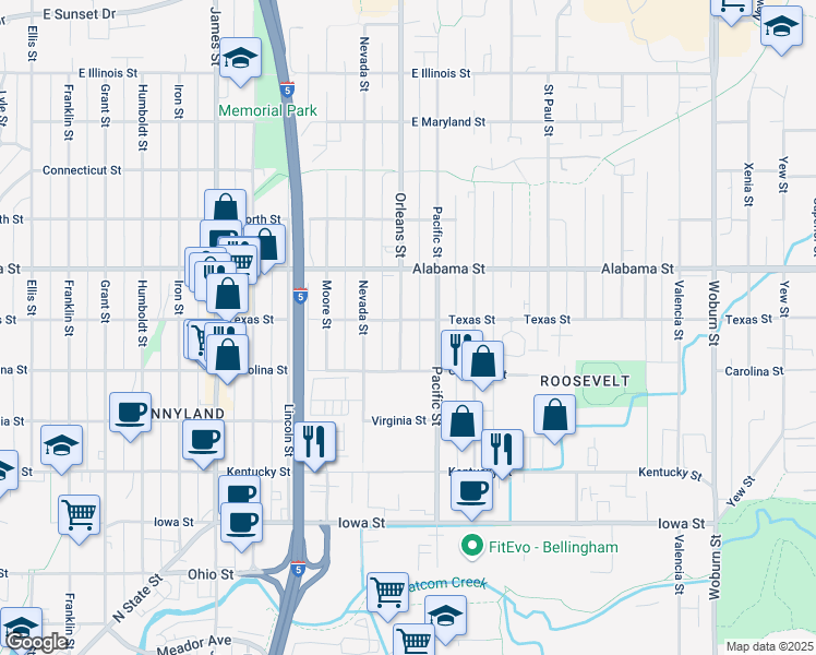 map of restaurants, bars, coffee shops, grocery stores, and more near 1311 Texas Street in Bellingham