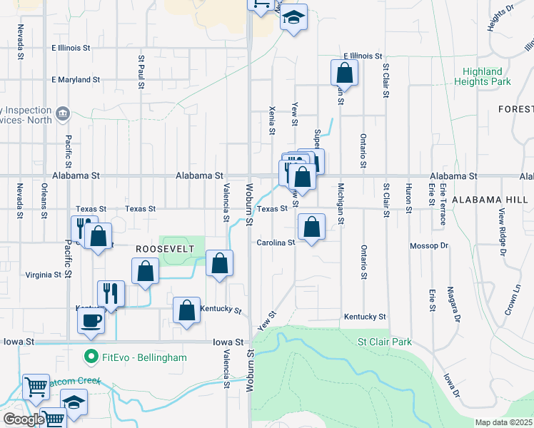 map of restaurants, bars, coffee shops, grocery stores, and more near 2402 Woburn Street in Bellingham