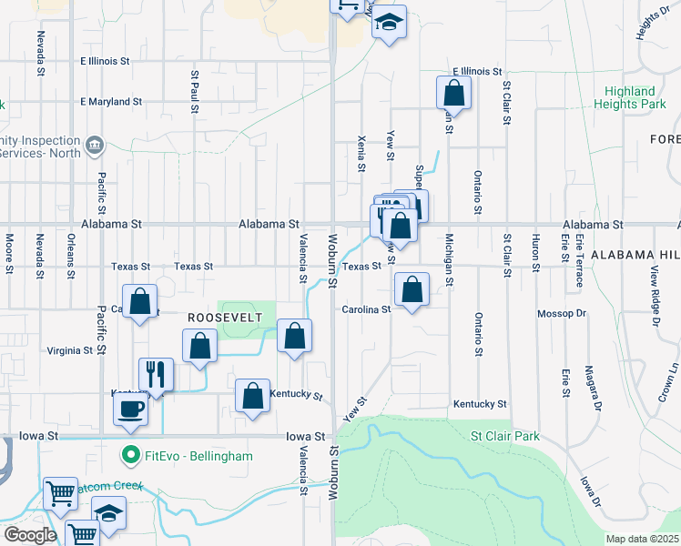 map of restaurants, bars, coffee shops, grocery stores, and more near 2402 Woburn Street in Bellingham