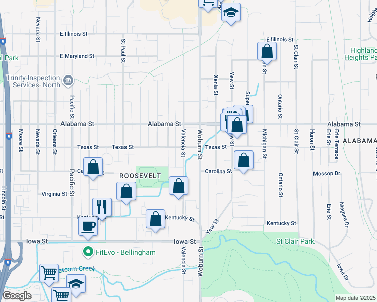 map of restaurants, bars, coffee shops, grocery stores, and more near 2021 Texas Street in Bellingham