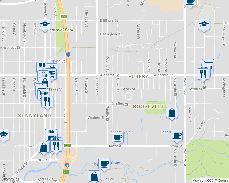 map of restaurants, bars, coffee shops, grocery stores, and more near 1421 Texas Street in Bellingham