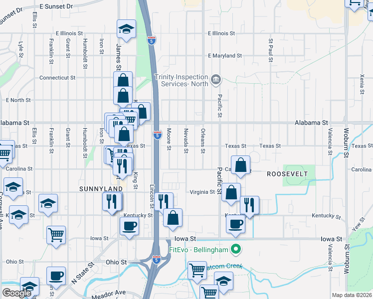 map of restaurants, bars, coffee shops, grocery stores, and more near 2404 Nevada Street in Bellingham
