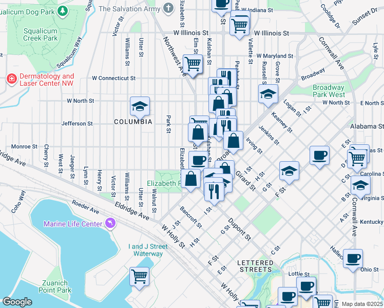 map of restaurants, bars, coffee shops, grocery stores, and more near 2401 Elm Street in Bellingham