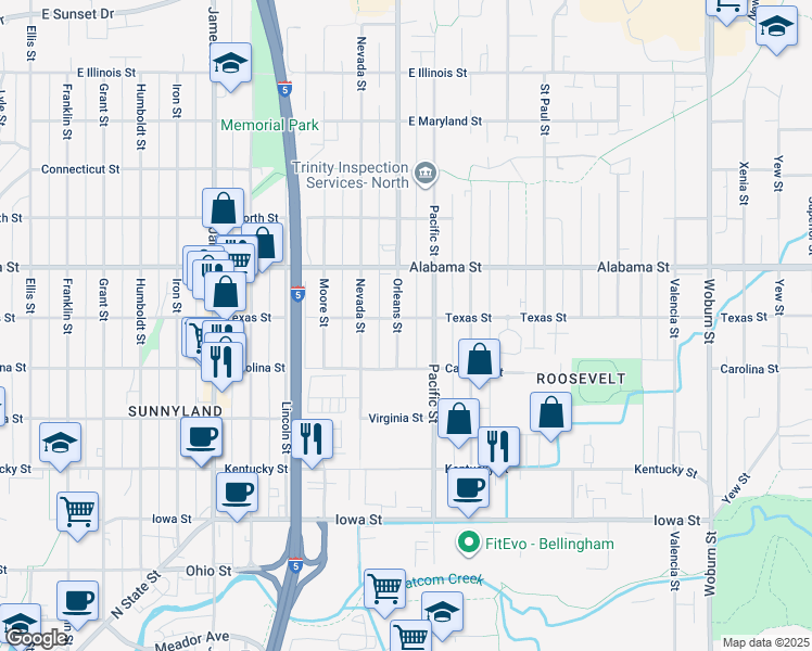 map of restaurants, bars, coffee shops, grocery stores, and more near 1300 Texas Street in Bellingham