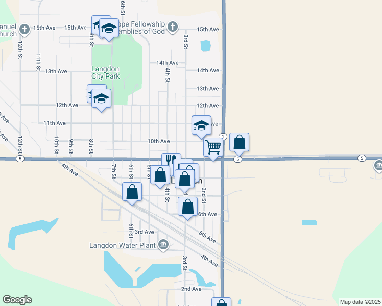 map of restaurants, bars, coffee shops, grocery stores, and more near 300 10th Avenue in Langdon