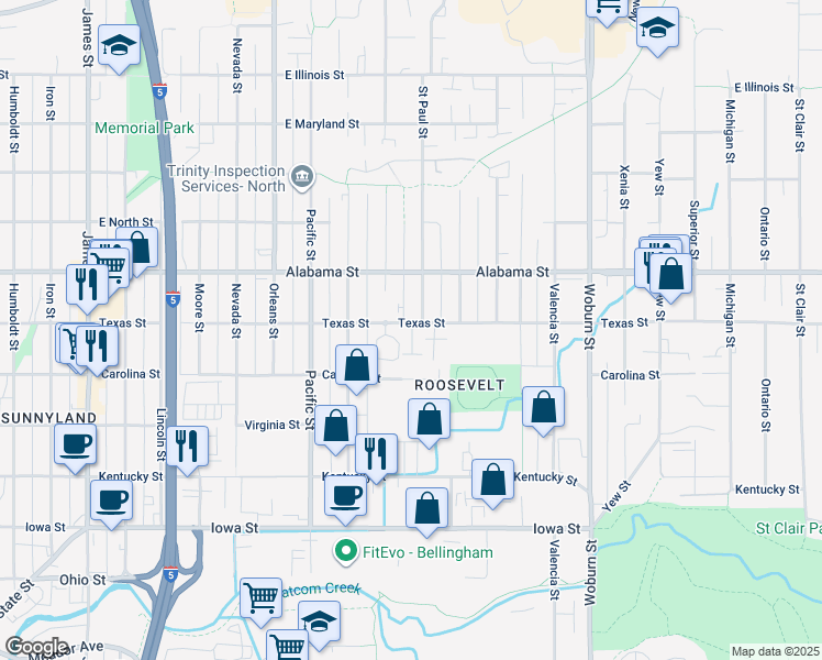 map of restaurants, bars, coffee shops, grocery stores, and more near 1640 Texas Street in Bellingham