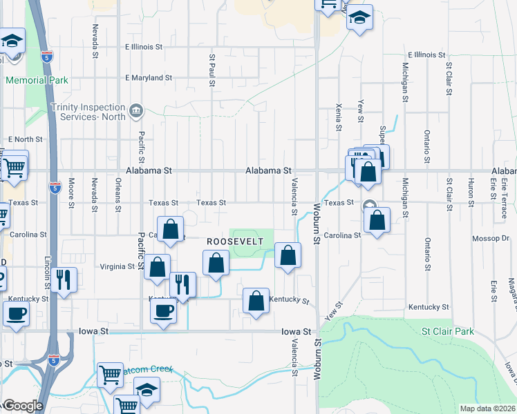 map of restaurants, bars, coffee shops, grocery stores, and more near 1810 Texas Street in Bellingham