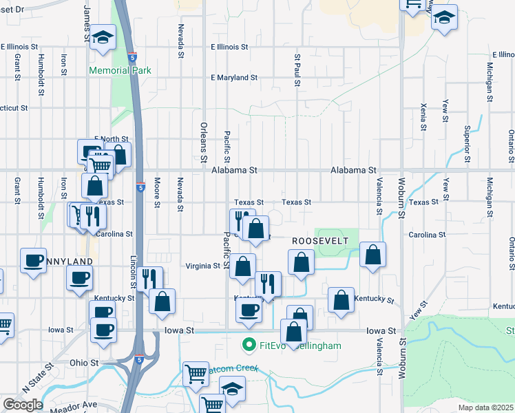 map of restaurants, bars, coffee shops, grocery stores, and more near 2400 Queen Street in Bellingham